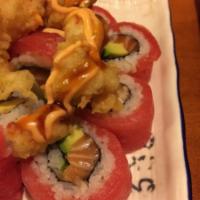 Victoria's Secret Roll · In: salmon and avocado. Out: tuna. Top: spicy baby lobster tempura. Spicy.
