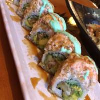 Ultimate Spider Roll · In: deep-fried soft shell crab and cucumber. Out: chopped soft shell crab, mashed avocado an...
