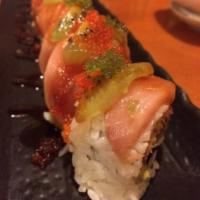 Cool Hamachi Roll · In: unagi, hamachi and avocado. Out: hamachi, kiwi, wasabi tobiko with sweet sauce.