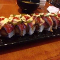 Campbell City Roll · In: shrimp tempura, spicy tuna and cucumber. Out: real crab, fresh tuna, jalapeno with cream...