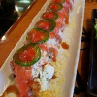 Blood Mango Roll · In: unagi, spicy tuna and shrimp tempura. Out: hamachi, sake, jalapeno, crispy crunch and ma...