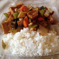 V6. Vegetable Kung Pao Tofu · Contains peanuts. Hot and spicy.