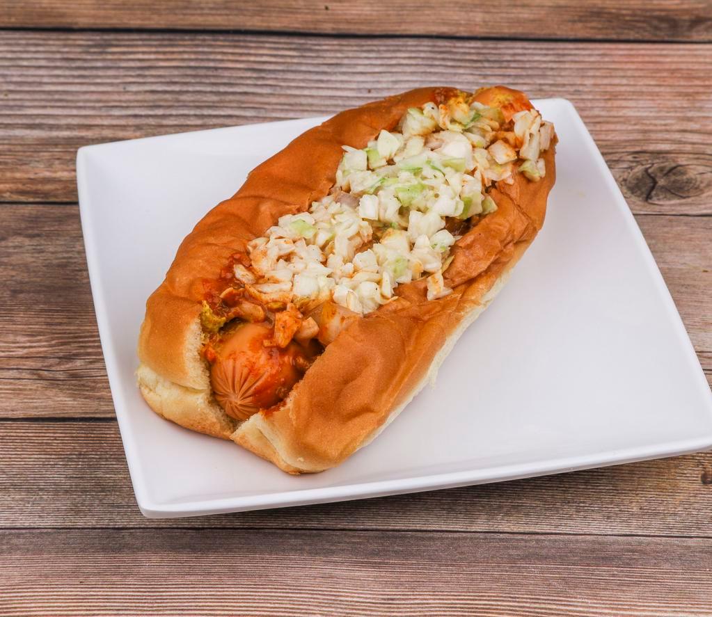 Tar Heel Hot Dog · Deli mustard, chili, onions and slaw.