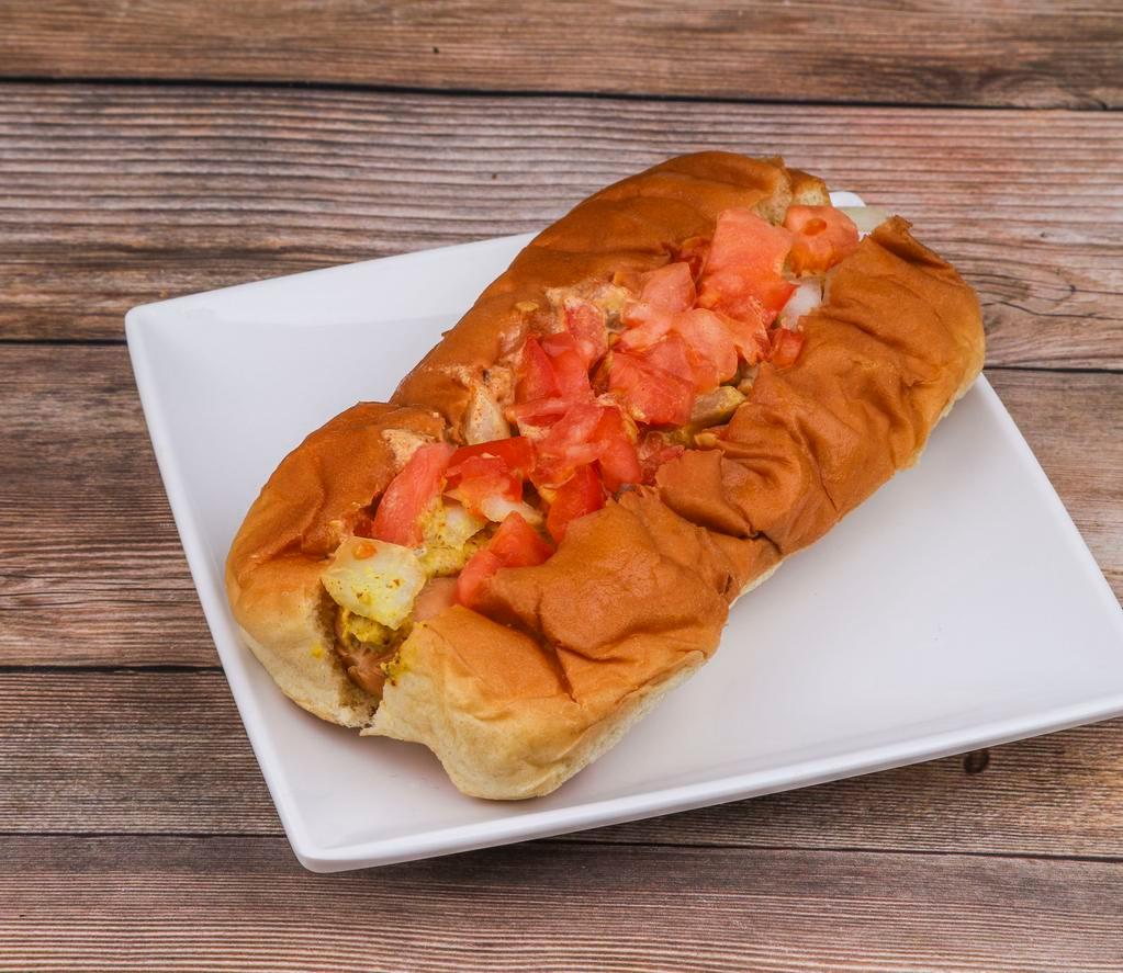 Chapel Hill Hot Dog · Deli mustard, secret sauce, onions and diced tomatoes.