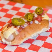 Mexican Hot Dog · Smoked sausage dog, deli mustard, salsa, 1 slice of bacon, onion, jalapeno peppers and melte...