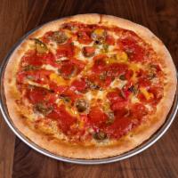 Italian Works Pizza · Sliced Italian sausage, pepperoni, roasted peppers and Wisconsin mozzarella with Russo’s piz...