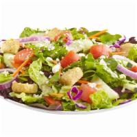 Farmer's Market Salad · Cucumbers, carrots, cabbage, tomatoes, feta, red onions, pepperoncinis & croutons, with Ital...
