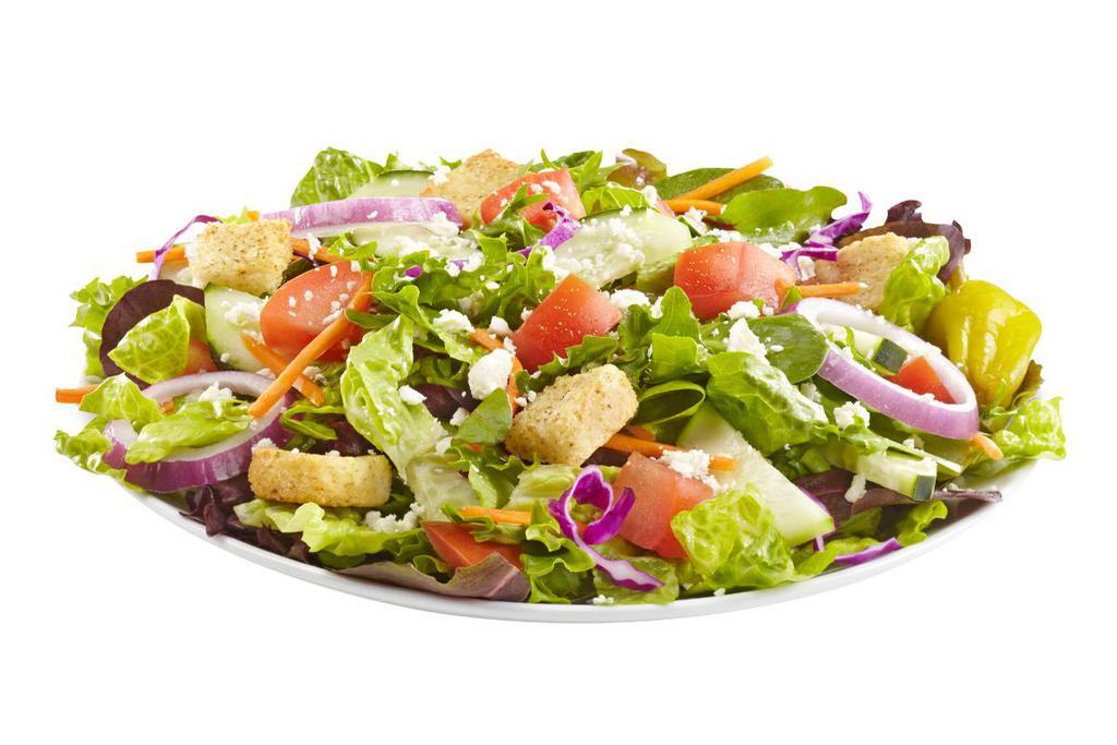 Farmer's Market Salad · Cucumbers, carrots, cabbage, tomatoes, feta, red onions, pepperoncinis & croutons, with Italian dressing on side