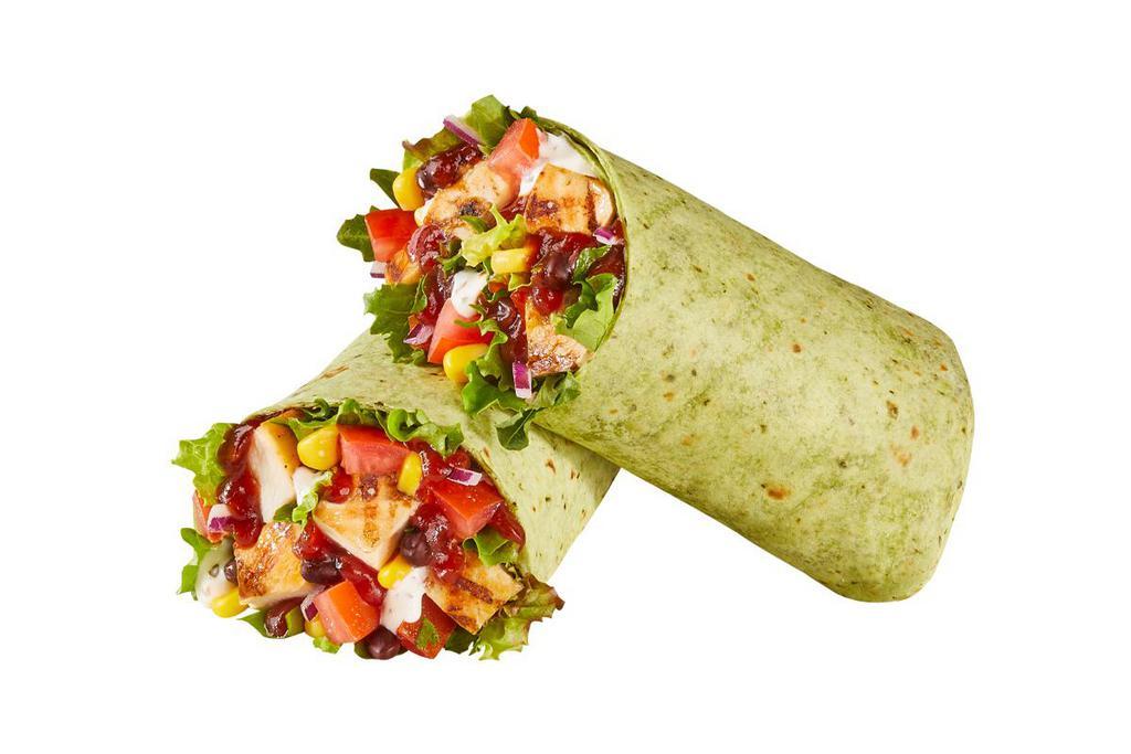 BBQ Chicken Ranch Wrap · Chicken, mixed greens, diced tomatoes, black bean & corn salsa with BBQ Sauce and Ranch dressing, wrapped in a spinach tortilla