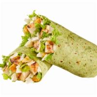 Chicken Caesar Wrap · Chicken, shredded parmesan & croutons on crisp romaine with Caesar dressing, wrapped in a sp...
