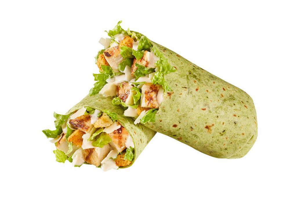 Chicken Caesar Wrap · Chicken, shredded parmesan & croutons on crisp romaine with Caesar dressing, wrapped in a spinach tortilla