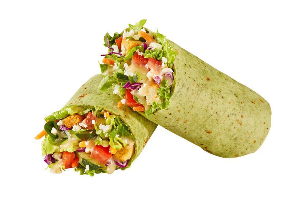 Farmer's Market Wrap · Mixed greens, cucumbers, carrots, cabbage, feta, tomatoes, red onions, pepperoncinis & croutons with Italian dressing, wrapped in a spinach tortilla