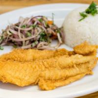 Pescado Frito · Fried bass filet, served with garlic jasmine rice and our zesty salsa criolla.