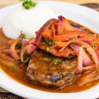 Steak N' Onions · A juicy Certified Angus Beef New York steak topped with sautéed onions and tomatoes with soy...