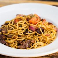 Tallarin de Carne · Spaghetti served with stir fried Certified Angus Beef, onions, tomatoes, cilantro and soy sa...