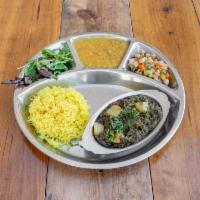 Palak Methi Aloo Meal · Meal includes Rice, Daal Lentil, Chopped Pickled Salad and Green Raita. A lightly-spiced spi...