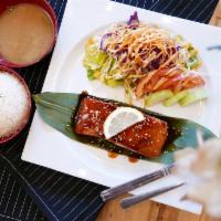Salmon Teriyaki · Served with miso soup, rice, and house salad.
