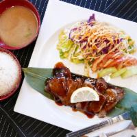 Tender Beef Teriyaki · Served with miso soup, rice, and house salad.