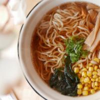 Veggies Shoyu Ramen · Soy sauce and soybean soup, ramen noodle topped with bean sprout, cabbage, seaweed, green on...