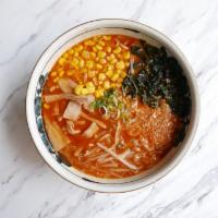 Spicy Roasted Garlic Veggies Miso Ramen**New Menu** · Spicy soybean paste + pork soup, ramen noodle topped with bean sprout, cabbage, seaweed, gre...