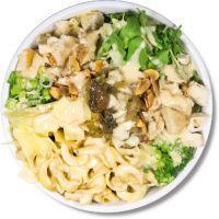 Alfredo Noodle Bowl · Noodles, mushroom pesto saute, arugula, scallions, almonds, parmesan, basil dijon dressing, ...