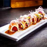 74. Aloha Roll · Spicy tuna, cucumber, avocado with albacore. Hot and spicy.