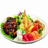 152. Sushi Combo · Chicken, beef or salmon and mixed tempura, nigiri, California roll and gyoza. Served with da...