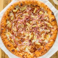 12'' Hawaiian BBQ Chicken Pizza · BBQ sauce, mozzarella cheese, roasted chicken, red onions, pineapple