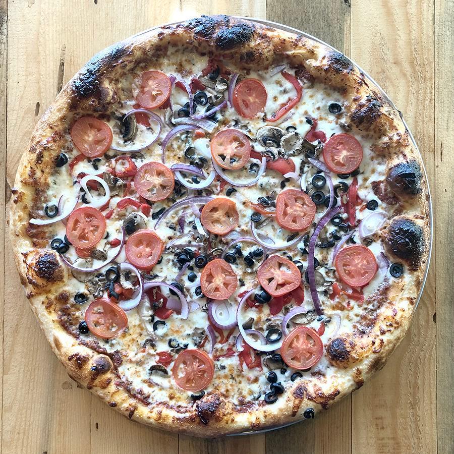 12'' Vegetarian Pizza · marinara sauce, mozzarella cheese, roasted red peppers, red onions, black olives, mushrooms, tomatoes