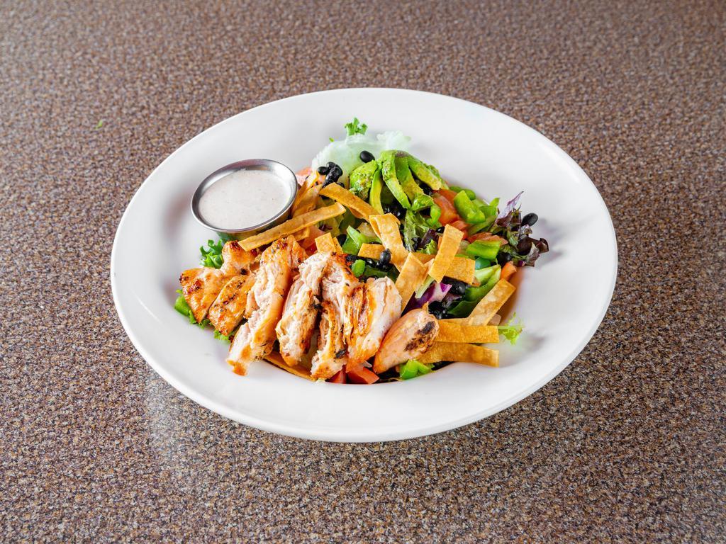 SW Chicken Salad · Charbroiled chicken breast on a bed of salad greens with cheddar cheese, diced tomatoes, onions, bell pepper, black beans and tortilla strips tossed with chipotle ranch dressing.