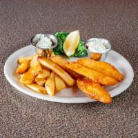 Fish ‘n Chips · Cod lightly battered and deep-fried to a golden brown.