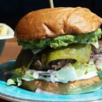 Guac You Know About Green Chili Burger · Mayo, lettuce, guacamole, roasted green chili, jalapeño jack cheese, and cilantro lime pickl...