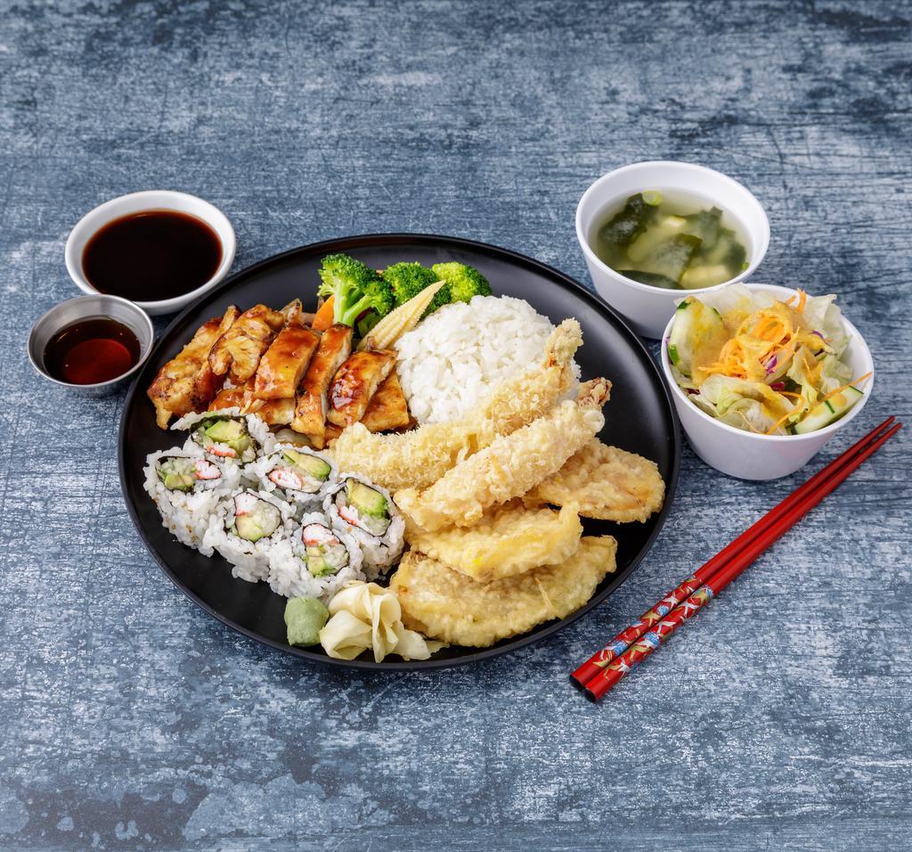 1. Chicken Teriyaki Dinner Box · Served with soup, salad, rice, California roll and your choice of side.
