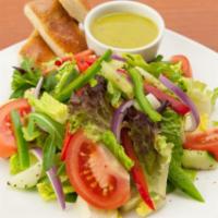 House Side Salad · Romaine lettuce, tomatoes, red onions, cucumbers, green and red bell peppers and house dress...