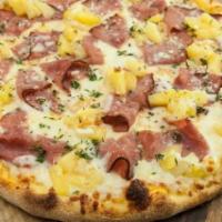 Hawaiian Pizza · Roasted ham, pineapple tidbits, tomato sauce and mozzarella cheese.