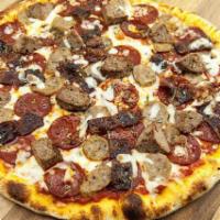 Quattro Carne Pizza · Pepperoni, Italian sausage, meatballs, bacon, tomato sauce and mozzarella cheese.