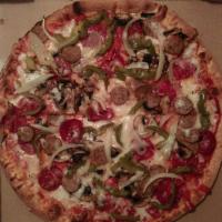 Superano Pizza · Mushrooms, roasted green peppers, Italian sausage, grilled onion, pepperoni, tomato sauce an...