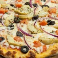 Articho Pizza · Artichoke, red onions, black olives, fresh tomatoes, tomato sauce and mozzarella.