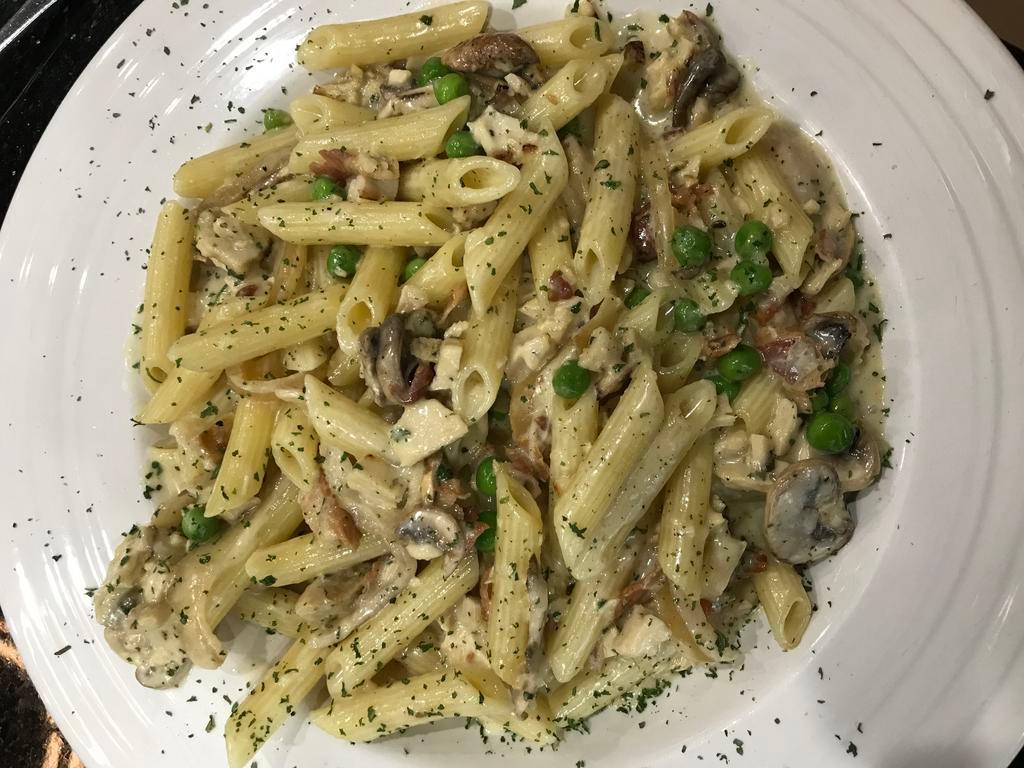 Penne Carbonara · Add chicken or sausage for an additional charge.