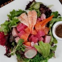 Sashimi Salad · Yellow tail, tuna, salmon, cucumber, seaweed salad, spring mix with Zencu house dressing.