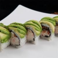 Caterpillar Roll · Avocado outside, unagi and crab inside, eel sauce and cucumber.