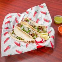 3 Tacos Mexicanos · Corn tortilla, onions, and cilantro with choice of meat. 