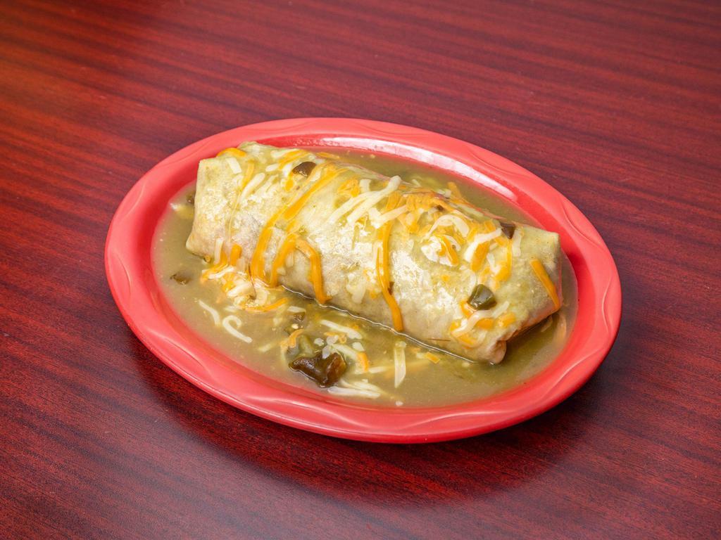 Chile Verde Burrito · Filled with carnitas, rice, beans, covered in chile Verde and melted cheddar cheese.