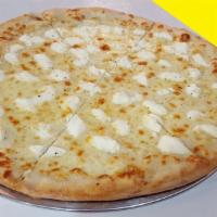 White Pie · Baked in stone oven. Mozzarella, ricotta, grated cheese and garlic.