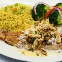 Snapper Pontchartrain · topped with lump crab, mushrooms, white wine cream sauce
