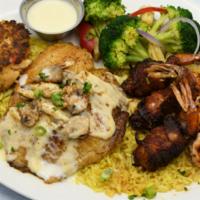 Broiled Seafood Platter · crab cake, shrimp, & oyster enbrochette, tilapia with pontchartrain topping