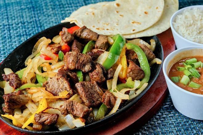 Beef Fajita · Grilled Beef Served With 3 Tortillas, Rice, Beans, Lettuce and Vinaigrette.