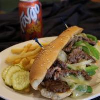 Philly Cheese Steak · Steak, cheese, and caramelized onion sandwich. 