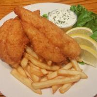 2 Piece Fish and Chips · Hot dish consisting of fried fish in batter, served with chips (French fries or wedges). Cho...