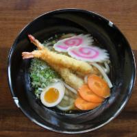 Tempura Shrimp Udon · Vegetable broth, udon noodles, shrimp tempura, seasoned egg, fish cake, carrots, 
